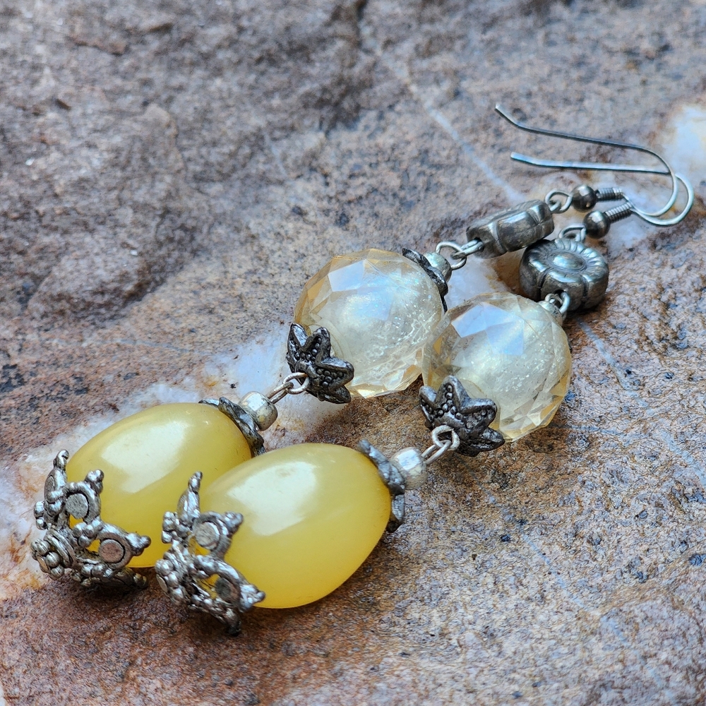 Vintage Long Silver Dangling Earrings Beeswax Amber Resin Boho Jewelry